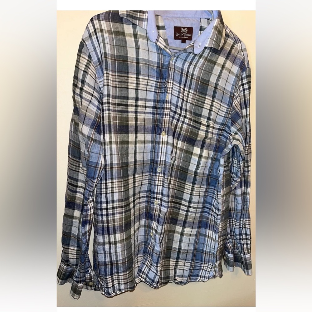Hickey Freeman Men’s Button Down Dress Shirt Size L 100% Linen EUC